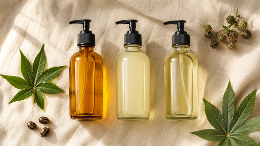 Three glass bottles of castor oil—cold-pressed, refined, and solvent-extracted—arranged on cream linen background showing color differences