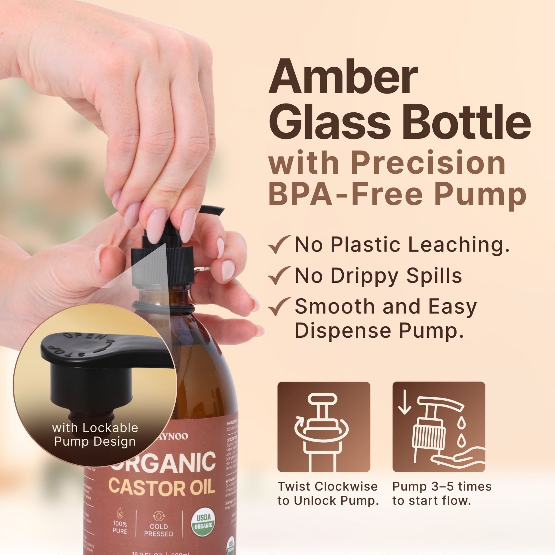 Amber glass castor oil bottle with precision pump infographic