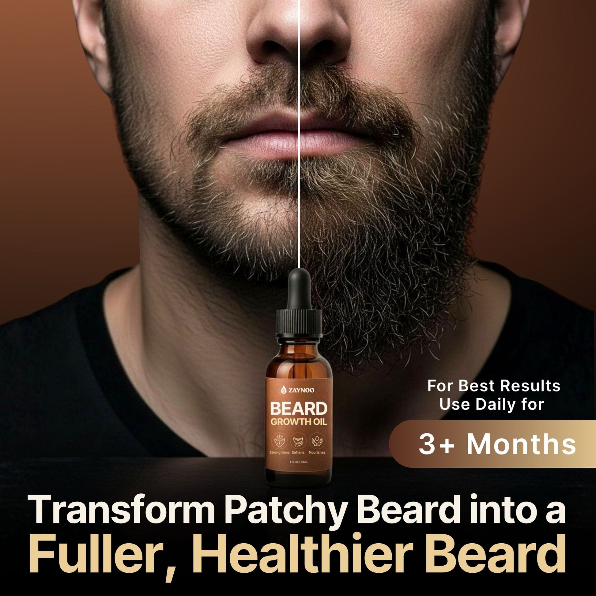 Before and after beard growth results with Zaynoo beard oil