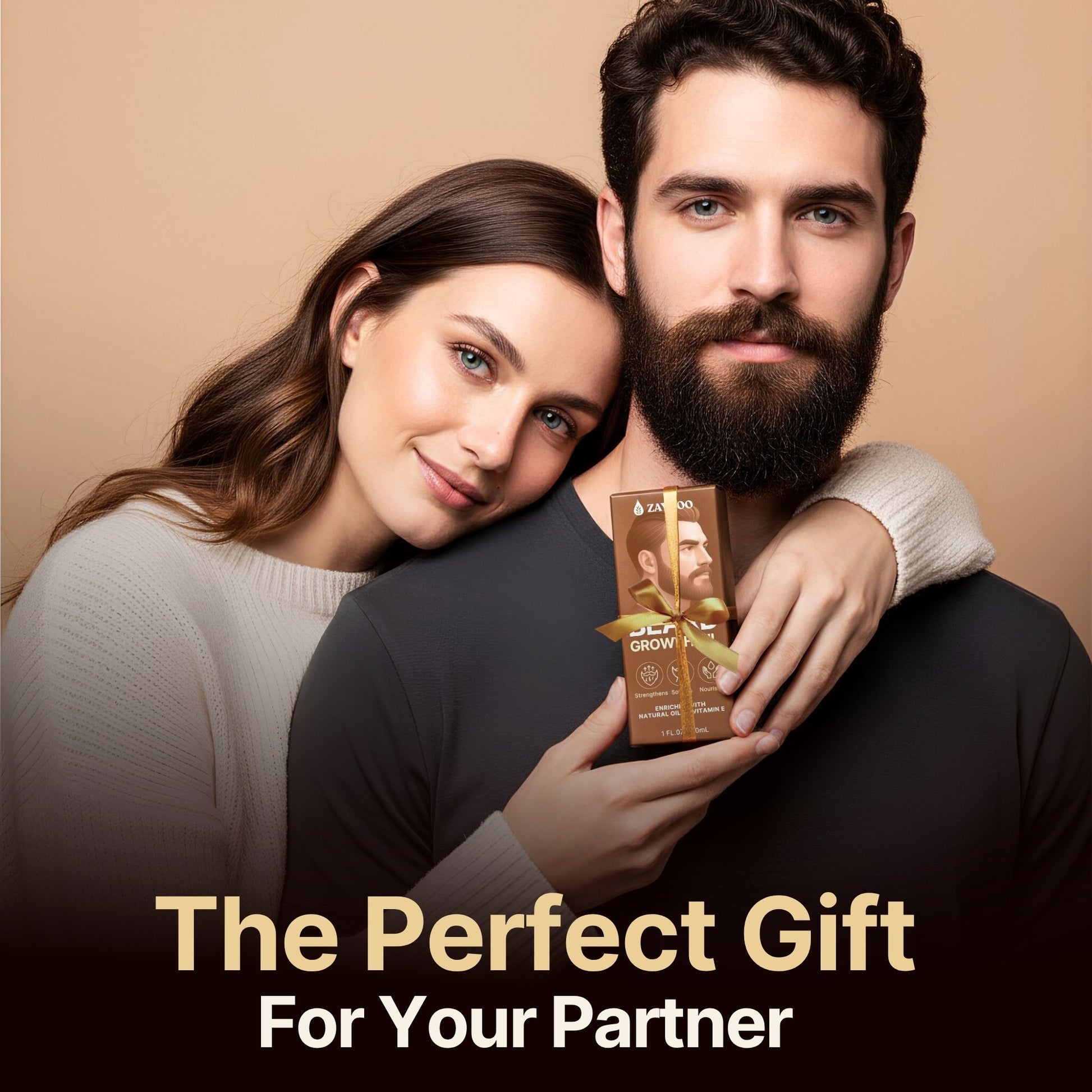 Couple lifestyle image featuring Zaynoo beard growth oil gift