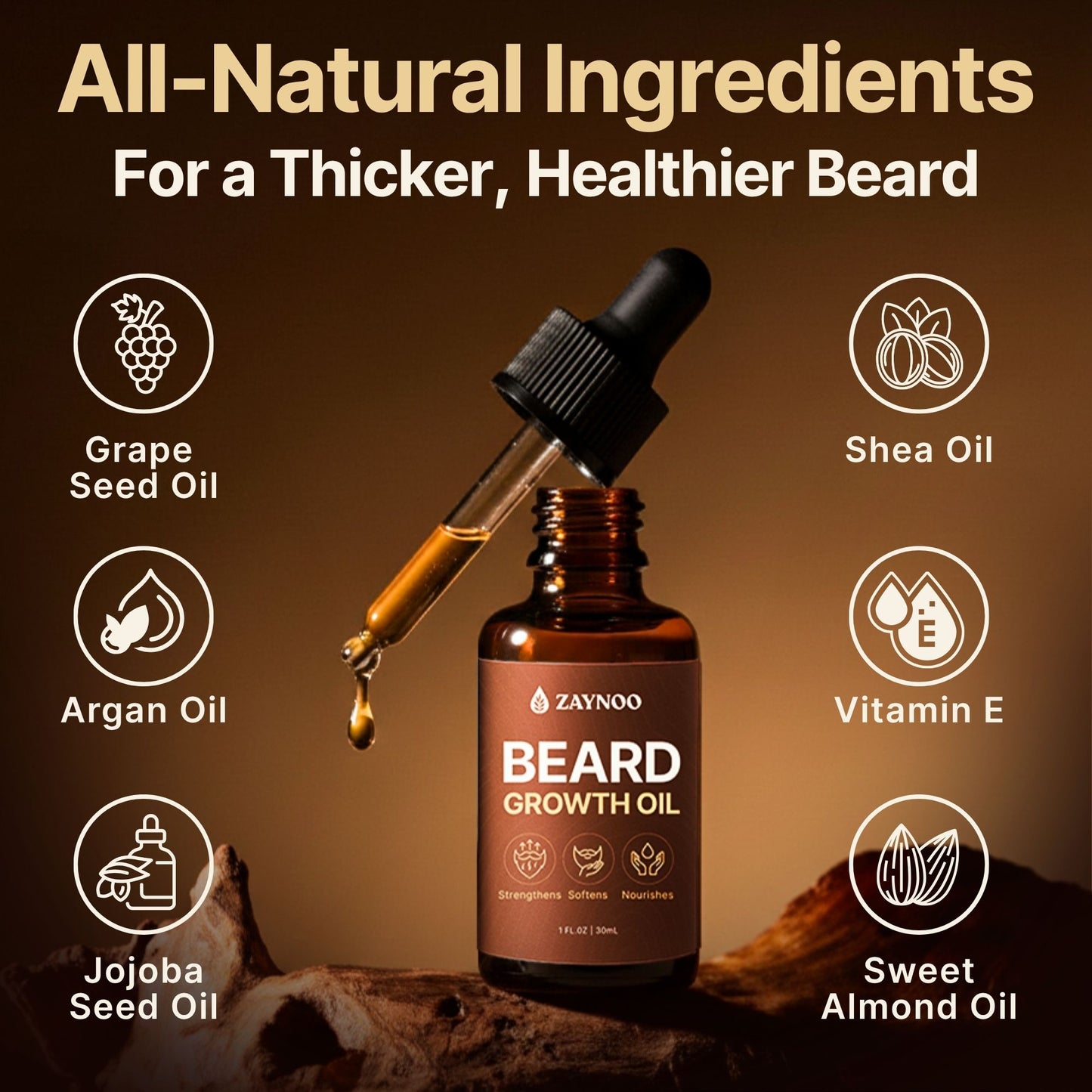 Beard oil ingredients infographic with argan oil and vitamin E