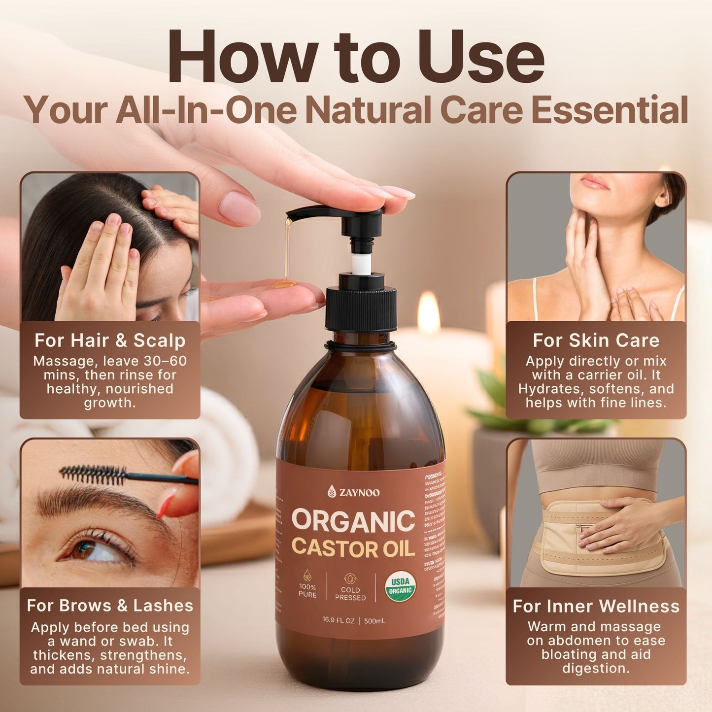 Organic castor oil bottle with usage instructions for hair, scalp, skin care, brows, lashes, and inner wellness.