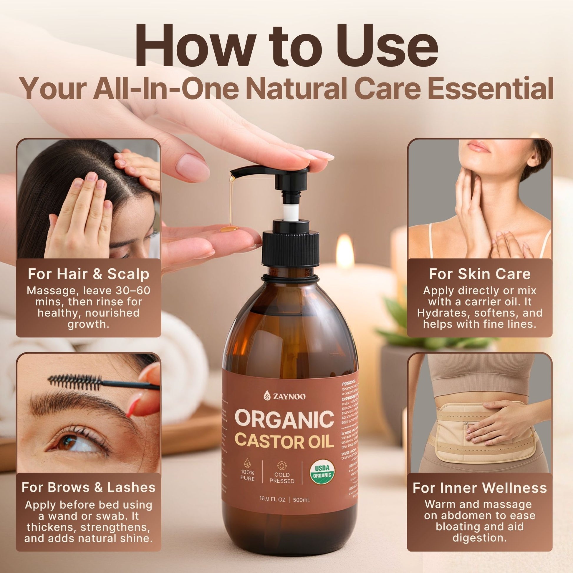 Organic castor oil bottle with usage instructions for hair, scalp, skin care, brows, lashes, and inner wellness.