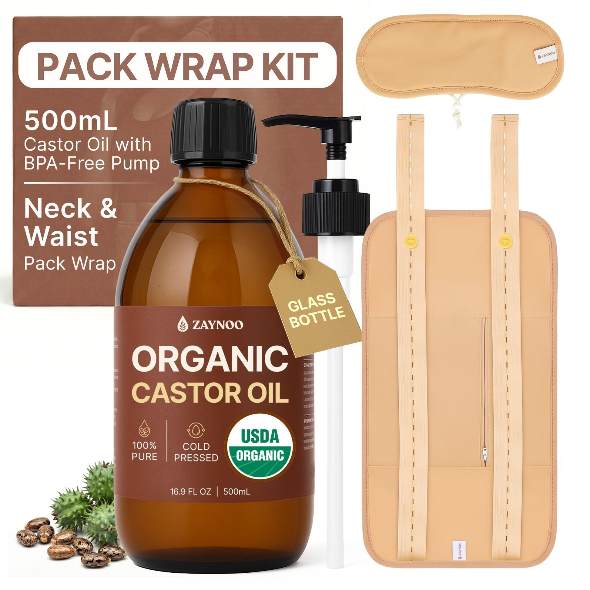 Zaynoo castor oil pack wrap kit with bottle and neck waist wrap