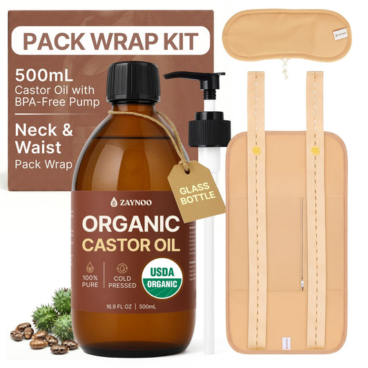 Zaynoo castor oil pack wrap kit with bottle and neck waist wrap