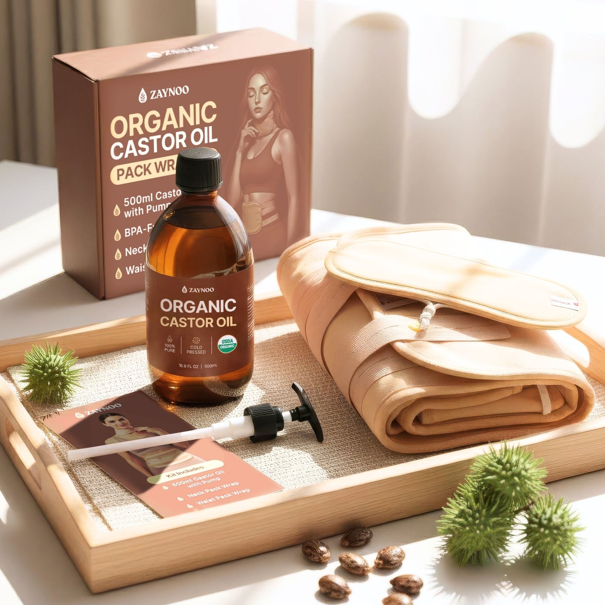 Castor oil bottle with reusable wrap accessories lifestyle image