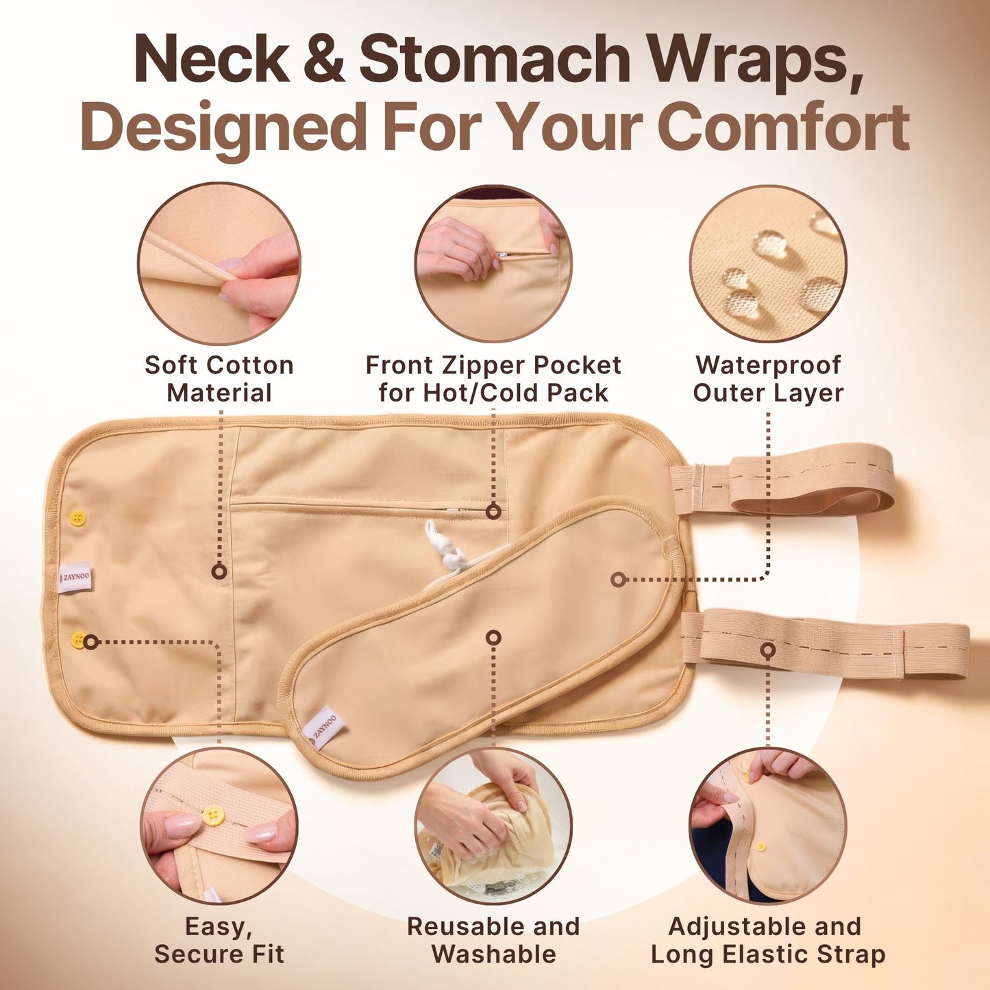 Neck and stomach wrap design and comfort features infographic