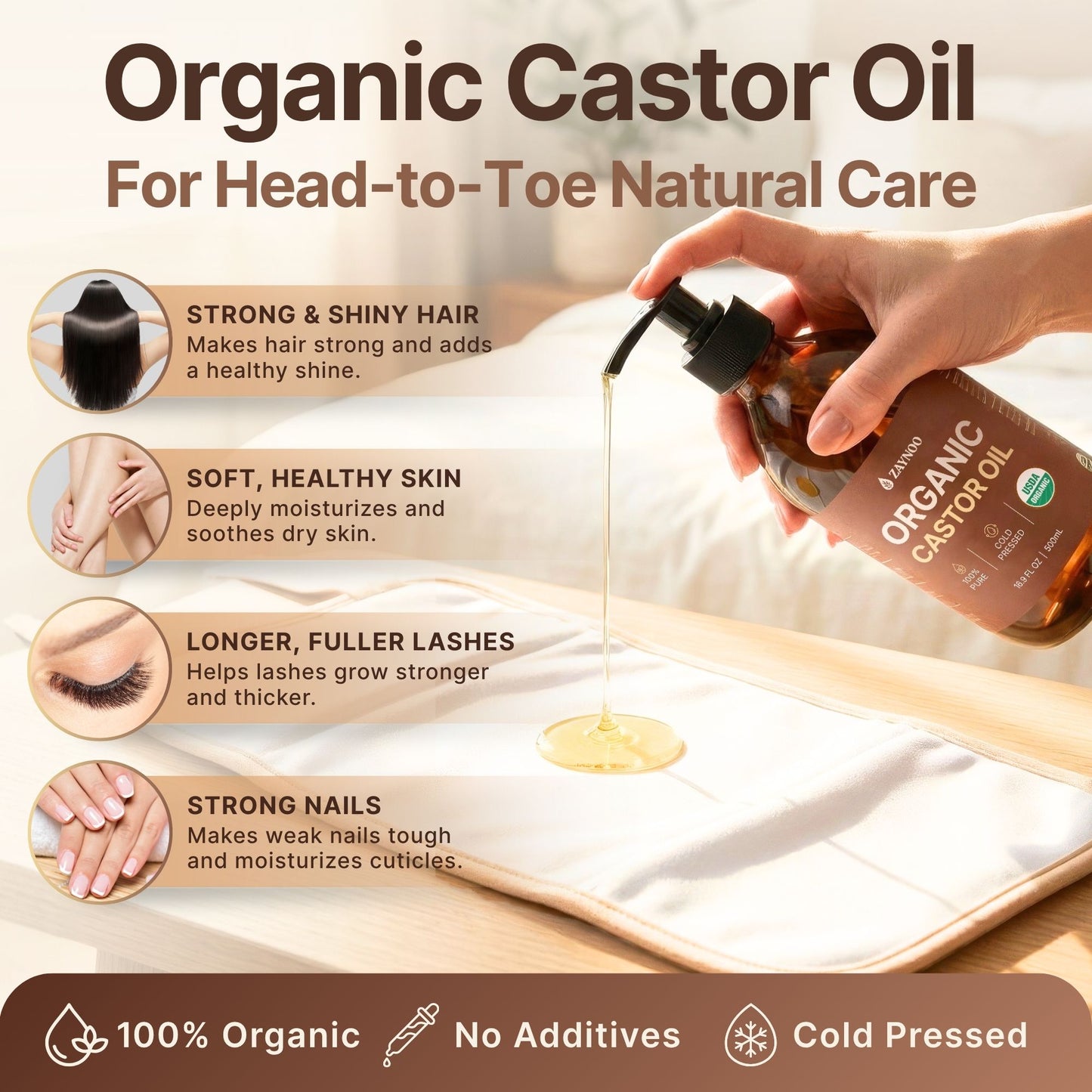 Organic castor oil for forehead to toe natural care infographic