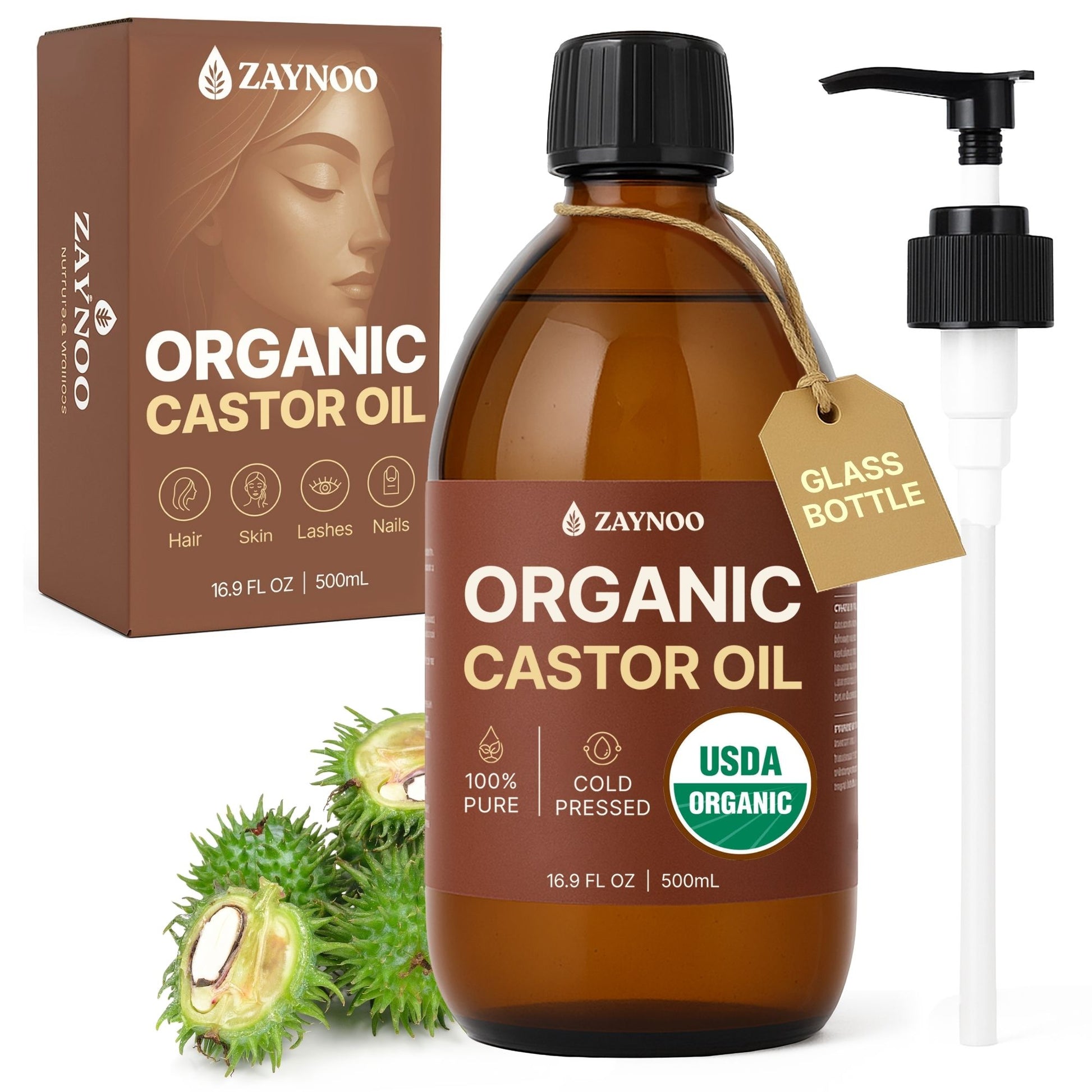 Zaynoo organic castor oil pump bottle and box product image