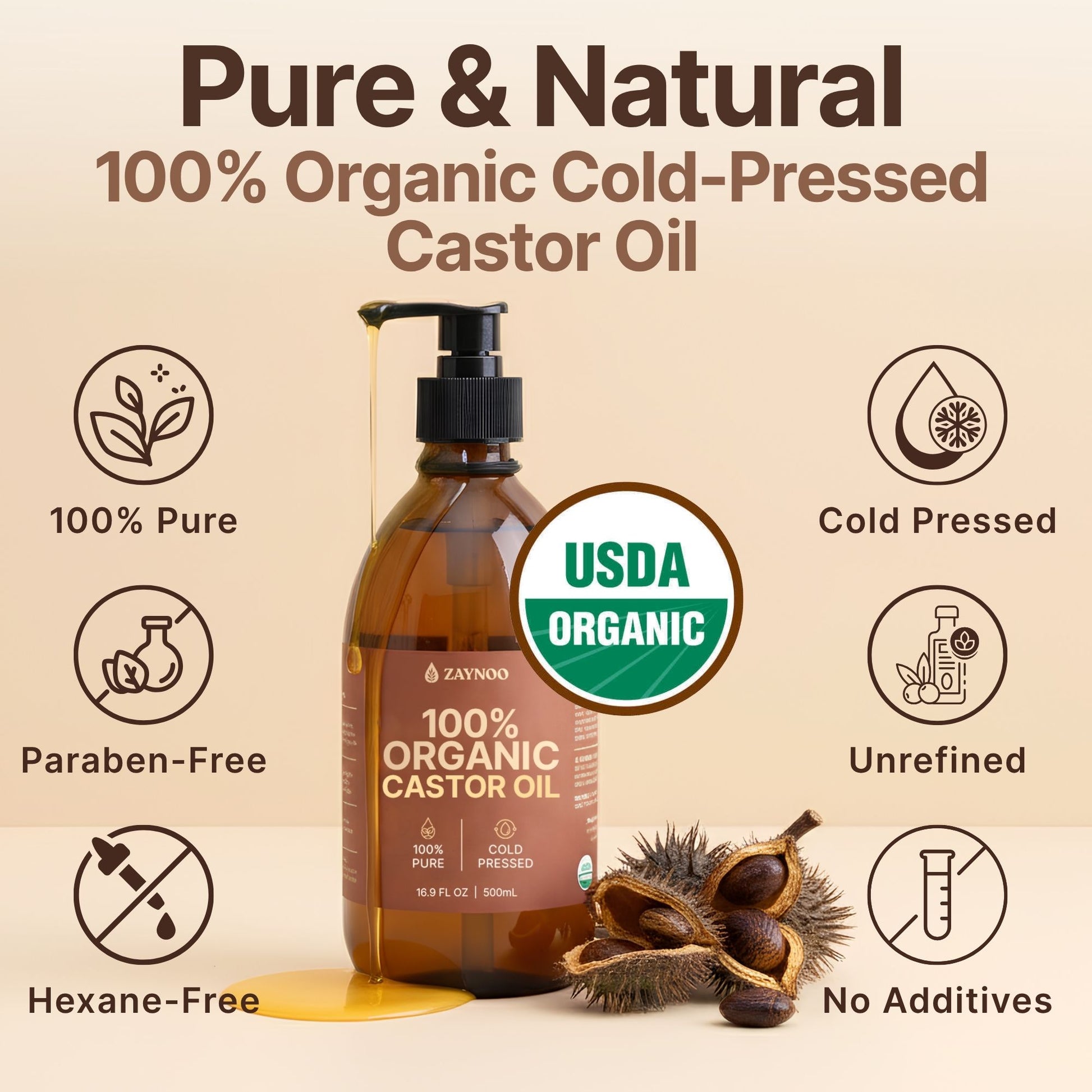 Pure natural cold-pressed castor oil feature infographic